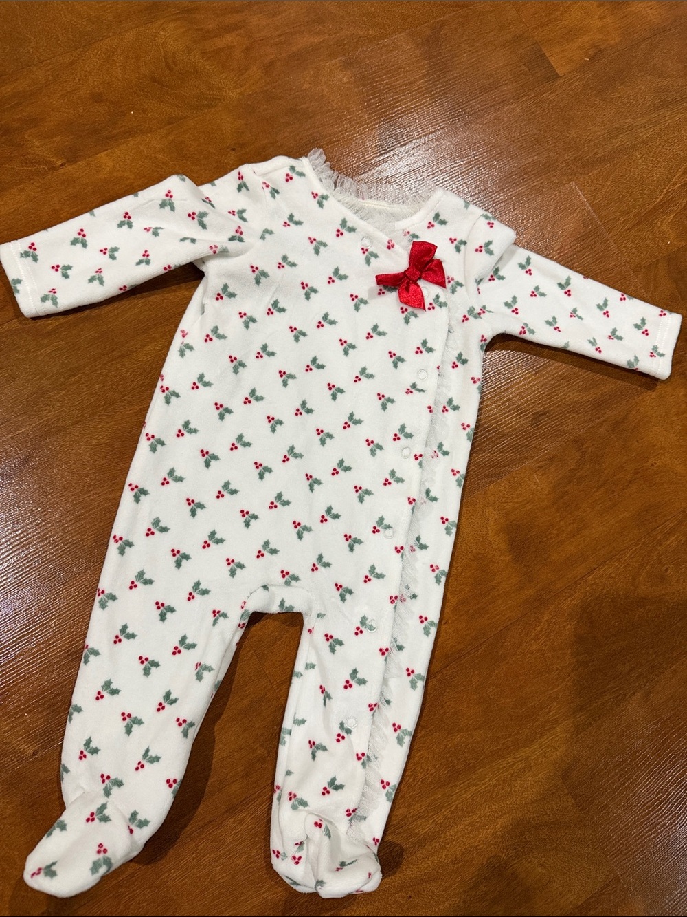 Infant White Footed One-Piece with Red Holly Print and Bow